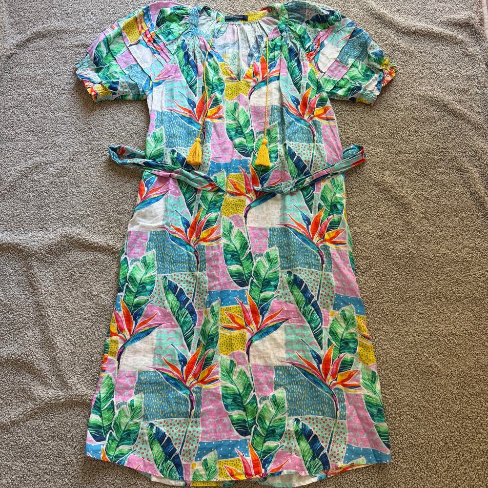Jim Thompson Linen Tropical Paradise Pratummas Keyhole Kaftan Dress Sz XS/S